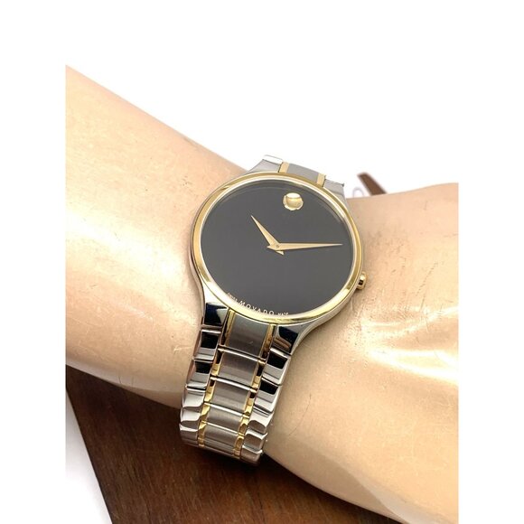 Movado Men's Watch 0607284 Serio Black Dial Swiss Quartz Two Tone Steel 38mm - Picture 6 of 14